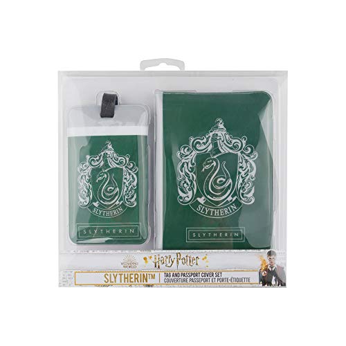 Cinereplicas Harry Potter - Etiqueta de Equipaje y Funda Pasaporte Slytherin - Licencia Oficial