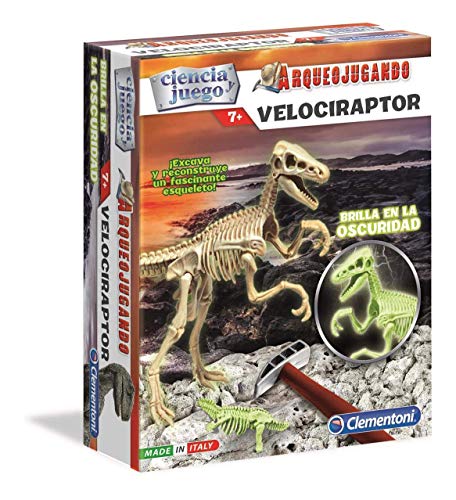 Clementoni-55352 - Arqueojugando Velociraptor fosforescente - juego científico para excavar y montar dinosaurios a partir de 7 años