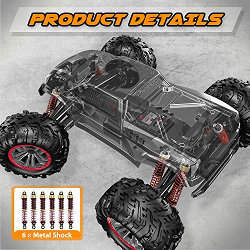 Coche teledirigido 1:10, 4 WD 48 km/h RC Car Offroad con 2 baterías de 1600 mAh IPX6 Resistente al Agua, Todoterreno monstertruck Buggy para niños y Adultos, Color Rojo