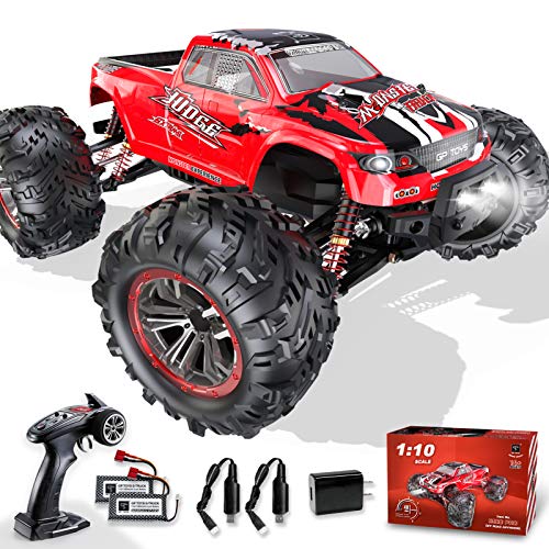 Coche teledirigido 1:10, 4 WD 48 km/h RC Car Offroad con 2 baterías de 1600 mAh IPX6 Resistente al Agua, Todoterreno monstertruck Buggy para niños y Adultos, Color Rojo