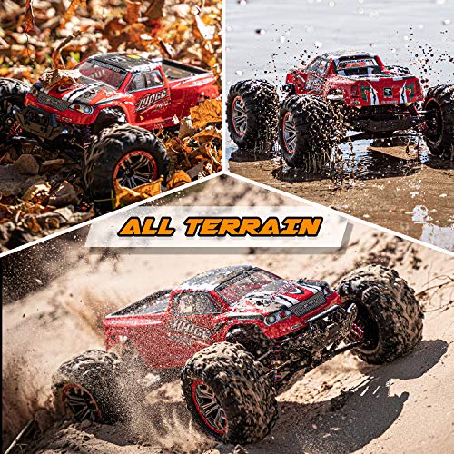 Coche teledirigido 1:10, 4 WD 48 km/h RC Car Offroad con 2 baterías de 1600 mAh IPX6 Resistente al Agua, Todoterreno monstertruck Buggy para niños y Adultos, Color Rojo