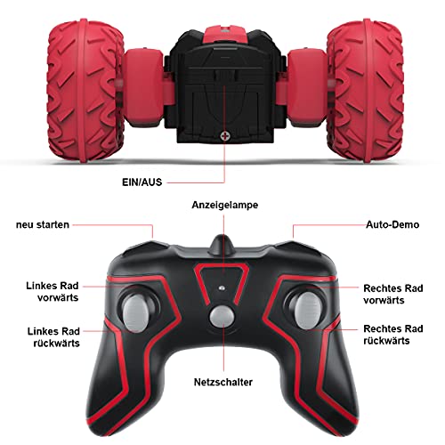 Coche teledirigido 4 WD juguete para niños – Coche teledirigido 2,4 GHz 1:20 Toys RC Stunt Offroad coche con batería de doble cara giratoria 360° juegos a partir de 8 años niños regalos rojo