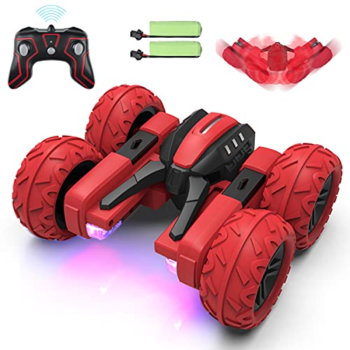 Coche teledirigido 4 WD juguete para niños – Coche teledirigido 2,4 GHz 1:20 Toys RC Stunt Offroad coche con batería de doble cara giratoria 360° juegos a partir de 8 años niños regalos rojo