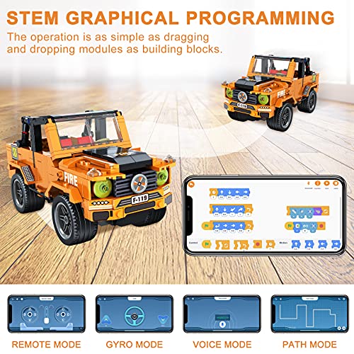 Coche teledirigido de bloques de construcción, aplicación y juguete todoterreno controlado con potente motor, 2,4 GHz Pickup coche con programable, 345 piezas STEM para niños