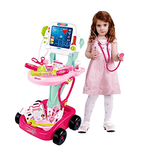 Cochecito médico para niños con accesorios médicos, deslizable, juego de rol, color rosa