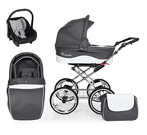 Cochecito retro 3en1 2en1 Isofix juego de cochecito combinado + accesorios Selección de colores Exclusivo romántico por ChillyKids Grey White 05 3en1 con asiento