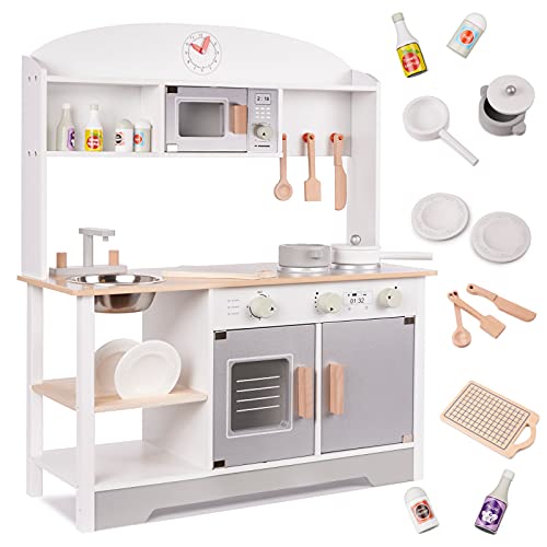 Cocina infantil de madera, cocina de juegos de madera, fregadero, horno y campana extractora (modelo 4)