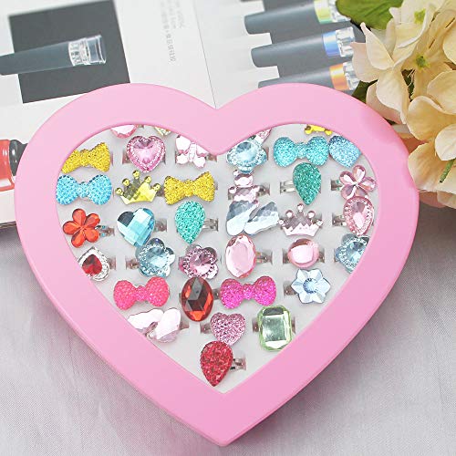 CODIRATO 36 PCS Anillo Infantil con Caja de Formato de Corazón Anillos de Dedos Ajustables Tamaños Anillos Plásticos para los Favores de la Fiesta de Cumpleaños