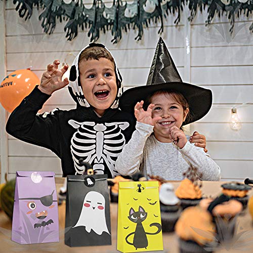 Colmanda Bolsas De Dulces De Halloween, 48 Piezas Bolsa de Regalo con 48 Halloween Pegatinas, Bolsa de Regalo de Papel Bolsa de Fiesta Bolsas de Papel para Regalo de Halloween