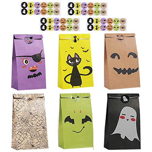 Colmanda Bolsas De Dulces De Halloween, 48 Piezas Bolsa de Regalo con 48 Halloween Pegatinas, Bolsa de Regalo de Papel Bolsa de Fiesta Bolsas de Papel para Regalo de Halloween