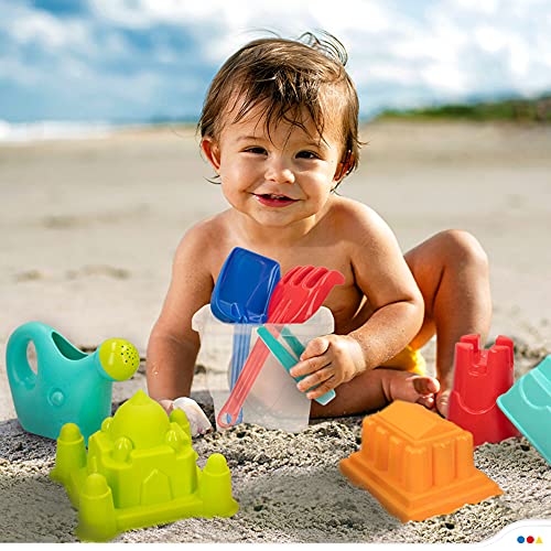 COLOR BEACH - Juguetes de playa para niños, Juguetes arena, Bolsa juguetes playa, Cubo arena, Ø18 cm, cedazo, pala, rastrillo, regadera, moldes arena, COLORBABY, +18mese (49272)