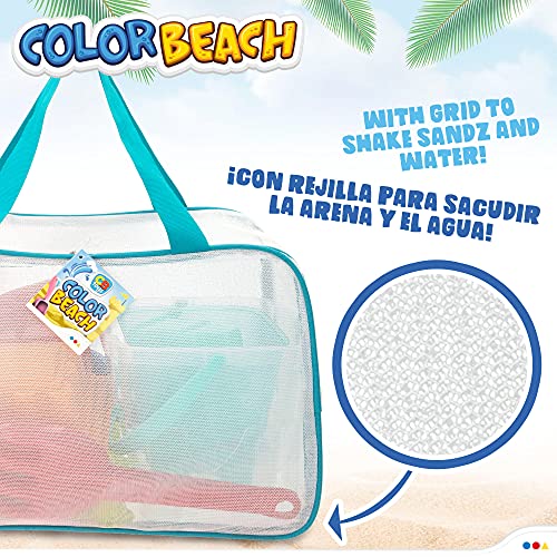 COLOR BEACH - Juguetes de playa para niños, Juguetes arena, Bolsa juguetes playa, Cubo arena, Ø18 cm, cedazo, pala, rastrillo, regadera, moldes arena, COLORBABY, +18mese (49272)