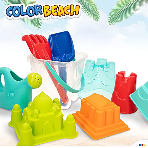 COLOR BEACH - Juguetes de playa para niños, Juguetes arena, Bolsa juguetes playa, Cubo arena, Ø18 cm, cedazo, pala, rastrillo, regadera, moldes arena, COLORBABY, +18mese (49272)