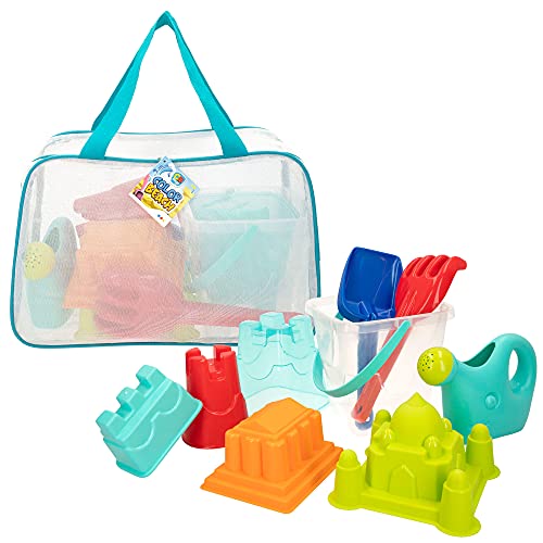 COLOR BEACH - Juguetes de playa para niños, Juguetes arena, Bolsa juguetes playa, Cubo arena, Ø18 cm, cedazo, pala, rastrillo, regadera, moldes arena, COLORBABY, +18mese (49272)