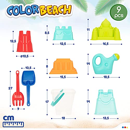 COLOR BEACH - Juguetes de playa para niños, Juguetes arena, Bolsa juguetes playa, Cubo arena, Ø18 cm, cedazo, pala, rastrillo, regadera, moldes arena, COLORBABY, +18mese (49272)