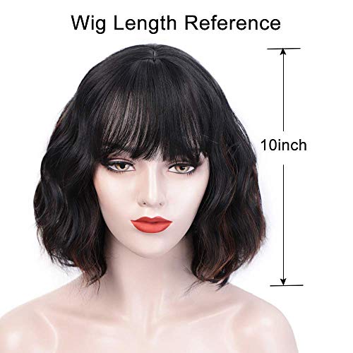 colorful panda Peluca Mezcla de Negros Marrones Destacados Corto Ondulada Bob Brasileña Pelucas con Flequillo para Mujer, Color Negro Natural Rizado Pelo Sintéticas para Cosplay Disfraz Black Wig 10"