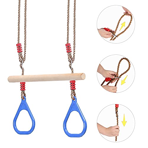 Columpio multifunción infantil de madera, columpio de exterior para niños, con anillos de gimnasia de plástico, para jardín, interior y exterior (azul)