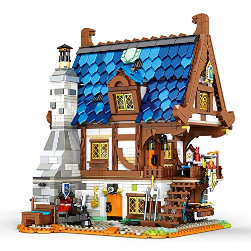 Conjunto Construcción Casas Modulares Medieval, Construcción Modelos Arquitectónicos MOC Herrero Medieval Europeo, 2366 Ladrillos Abrazadera Compatibles con Lego 21325 Medieval