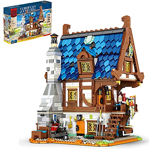 Conjunto Construcción Casas Modulares Medieval, Construcción Modelos Arquitectónicos MOC Herrero Medieval Europeo, 2366 Ladrillos Abrazadera Compatibles con Lego 21325 Medieval