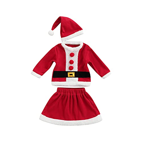 Conjunto de 3 Piezas para Niña Disfraz Papa Noel Sudadera Manga Larga + Falda + Gorro de Navidad Disfraz de Niña para Fiesta de Forro Polar 12 Meses a 5 Años (Rojo, 2-3 Años)