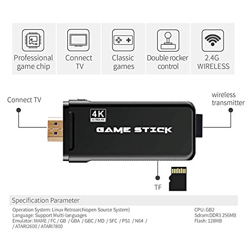 Consola de Juegos Retro USB Consola Inalámbrica Game Stick Consola de Videojuegos HD Salida de TV HDMI 4K Regalo de Doble Jugador para Adultos y Niños (Controlador y Game Stick)