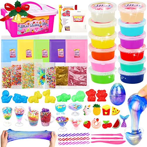 COOLJOY 55 PCS Kit de Slime, DIY Slime Set, Activador Slime para Hacer Kit Slime, 12 Colores Crystal Slime con 2 Galaxy Slime Huevos, Arcilla, Rebanadas de Frutas, Regalo para Niños Navidad 3 Años