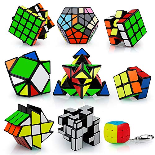 Coolzon Magic Cube Set, 9 Pack Speed Puzzle Cubes Pyraminx + Megaminx + 2x2 + 3x3 + 4x4 + Mirror + Skewb + Fenghuolun + Mini Chain Cube, Luxurious Magic Puzzle Cube Toy Kit for Boys Girls Kids Adults