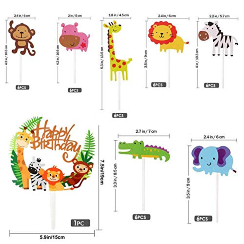 Coriver 43 Piezas Cute Zoo / Jungle Theme Animal Cake Topper, 1 Piezas Happy Birthday Banner y 42 Piezas Animal Cupcake Topper para niños Decoración de cumpleaños Baby Shower Party