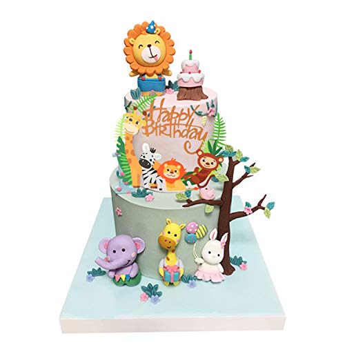 Coriver 43 Piezas Cute Zoo / Jungle Theme Animal Cake Topper, 1 Piezas Happy Birthday Banner y 42 Piezas Animal Cupcake Topper para niños Decoración de cumpleaños Baby Shower Party