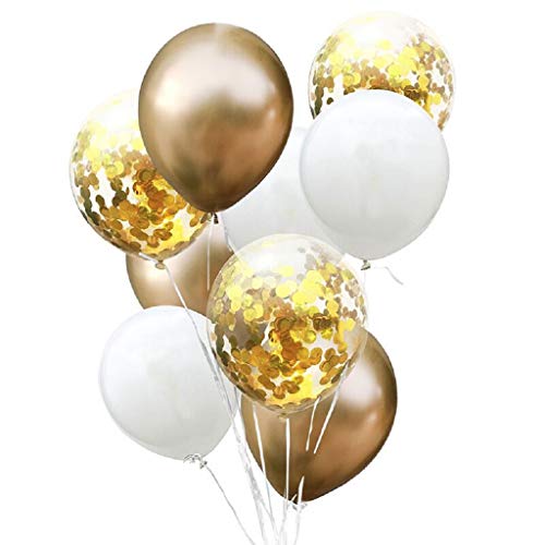 Coriver Globos de 50 piezas, Globos de confeti Globos metálicos de látex Globos blancos, Globos de helio de 12 pulgadas con cintas Inflador para suministros de fiesta de cumpleaños de boda