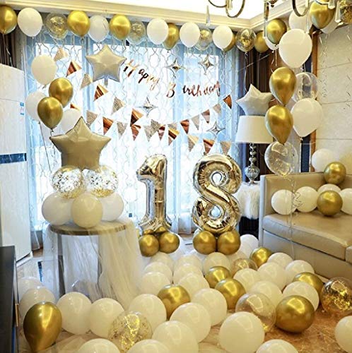 Coriver Globos de 50 piezas, Globos de confeti Globos metálicos de látex Globos blancos, Globos de helio de 12 pulgadas con cintas Inflador para suministros de fiesta de cumpleaños de boda