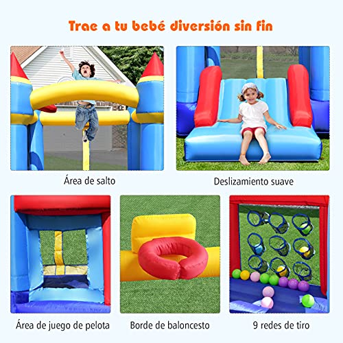 COSTWAY Casa Inflable Multifuncional, Castillo Inflable con Tobogán, Piscina con Pelotas, Parches de Reparación, Casa Inflable para Patio, Uso Interno y Externo, Multicolor