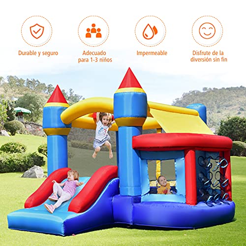 COSTWAY Casa Inflable Multifuncional, Castillo Inflable con Tobogán, Piscina con Pelotas, Parches de Reparación, Casa Inflable para Patio, Uso Interno y Externo, Multicolor