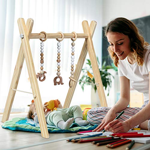 COSTWAY Gimnasio para Bebé de Madera Centro de Actividade con Juguete para Bebé de Más de 3 Meses (Natural)