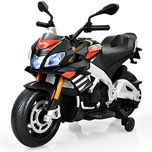 COSTWAY Moto Montable 12 V con Ruedines para Niños, Moto Aprilia Eléctrica Montable con Luces LED, Música, Llave de Arranque, Juguete Montable para Niños con Más de 3 Años, 25 kg (Negro)