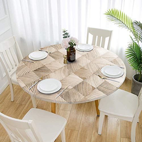 Cozomiz Mantel de Elástica Ajustada Protector de Mesa con Bordes Impermeable Cubierta de Mesa Resistente a Agua 60cm Corte Entallado Redondo Impreso en Madera