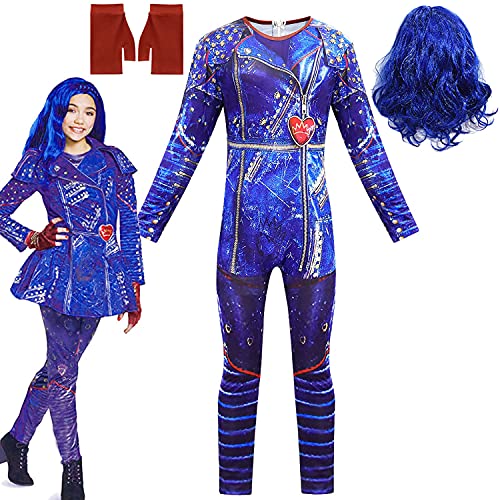 CPAI Descendientes 3 Disfraces para niños, Disfraz Halloween Cosplay Mal Evie Audrey Bertha, Vestido Fiesta Elegante con Peluca y Guantes, Mono Juego rol Carnaval Halloween para niñas,B,150cm