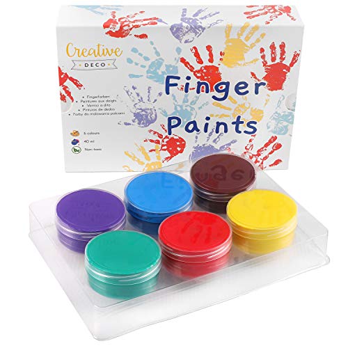 Creative DECO Pintura de Dedos para Niños Bebes No Tóxica | 6 x 40 ml Colores Intensos en Botes | Temperas Seguras para Niños Pequeños | Set de Pinturas Lavables