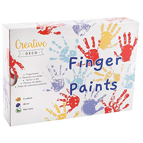 Creative DECO Pintura de Dedos para Niños Bebes No Tóxica | 6 x 40 ml Colores Intensos en Botes | Temperas Seguras para Niños Pequeños | Set de Pinturas Lavables