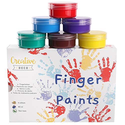 Creative DECO Pintura de Dedos para Niños Bebes No Tóxica | 6 x 40 ml Colores Intensos en Botes | Temperas Seguras para Niños Pequeños | Set de Pinturas Lavables