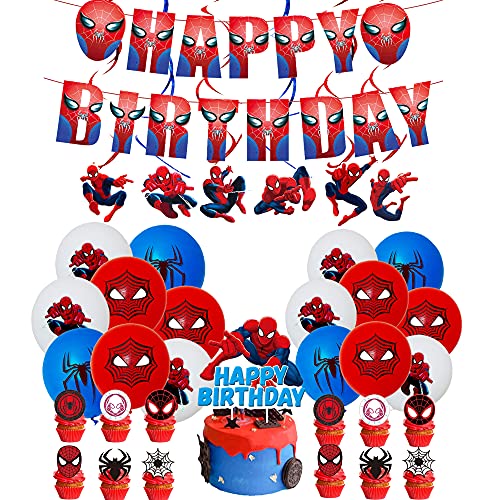 Cumpleaños Spiderman Globos Spider Man Banner de Cumpleaños Spiderman Remolinos Colgantes de Decoración Spider Man Decoración Tarta para Niñas Niños Decoraciones para Fiestas de Cumpleaños