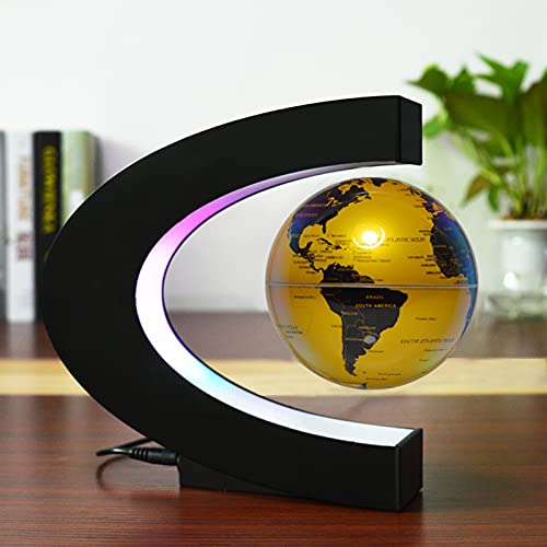 CWW Lampara levitante Forma de C Levitación magnética Globo Flotante Mapa del Mundo con Luces LED para niños Regalo Decoración de Escritorio de Oficina,Oro