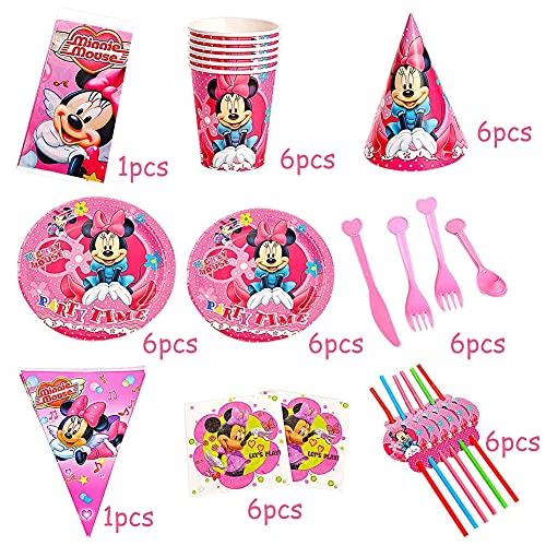 CYSJ 60PCS Set de Fiesta de cumpleaños de Minnie Disney Mickey Mouse Party Decoration Set Platos Tazas Servilletas Pack de Fiesta reciclable Mickey Mantel Sirve para 6 Invitados