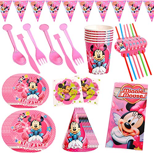 CYSJ 60PCS Set de Fiesta de cumpleaños de Minnie Disney Mickey Mouse Party Decoration Set Platos Tazas Servilletas Pack de Fiesta reciclable Mickey Mantel Sirve para 6 Invitados