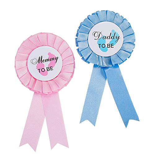 Daddy and Mommy to Be Badge Decoración con Lazo para Regalo de papá Nuevo, mamá, hojalata Roseta Insignia Pin botón género Aguja para Nacimiento niña niño Baby Shower decoración de Fiesta (Rosa Azul)