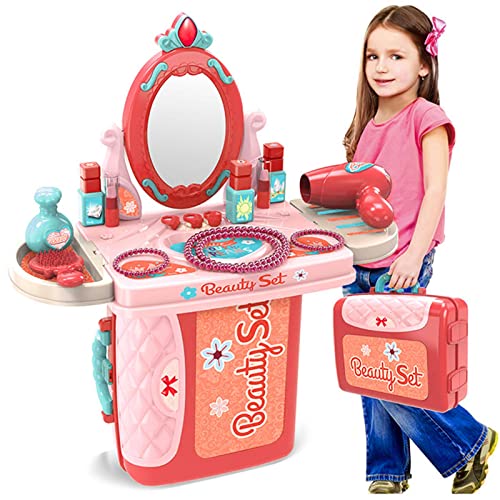 De tocador con espejo para niños pequeños - Mesa de maquillaje para niños con accesorios de belleza | Juego de tocador de juego de simulación para niños | Salón de belleza para niñas | Juguetes Ksruee