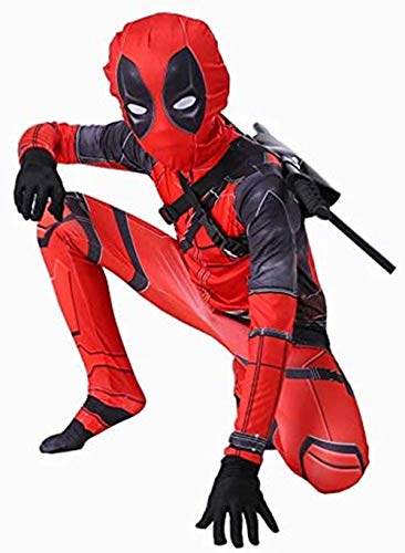 Deadpool Disfraz de superhéroe Cosplay Ropa con espadas de PU para niños y adultos, Halloween, Navidad, mono temático, fiesta, película, ropa de disfraces (niño de 130 a 140 cm)