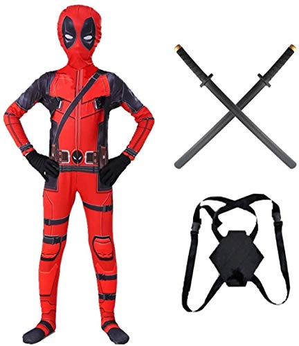 Deadpool Disfraz de superhéroe Cosplay Ropa con espadas de PU para niños y adultos, Halloween, Navidad, mono temático, fiesta, película, ropa de disfraces (niño de 130 a 140 cm)