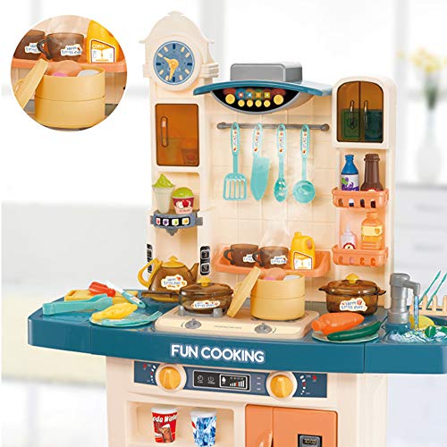 deAO Cocina de Juguete Mi Pequeño Chef Diseño Interactivo Multifuncional, Grifo de Agua, Función de Ebullición, Extractor, Características de Luz y Sonidos, 50 Accesorios Incluidos (Azul)