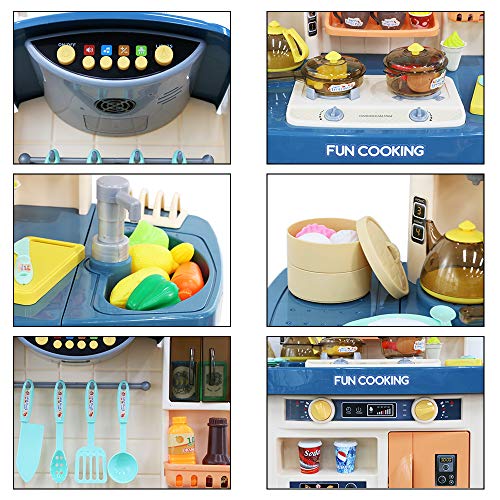 deAO Cocina de Juguete Mi Pequeño Chef Diseño Interactivo Multifuncional, Grifo de Agua, Función de Ebullición, Extractor, Características de Luz y Sonidos, 50 Accesorios Incluidos (Azul)